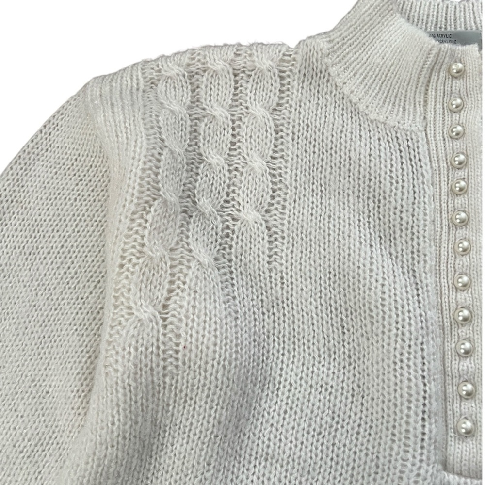 Vintage 80s Knit Sweater Mock Neck White Pearl Like Buttons Women’s Size Medium - Picture 6 of 6